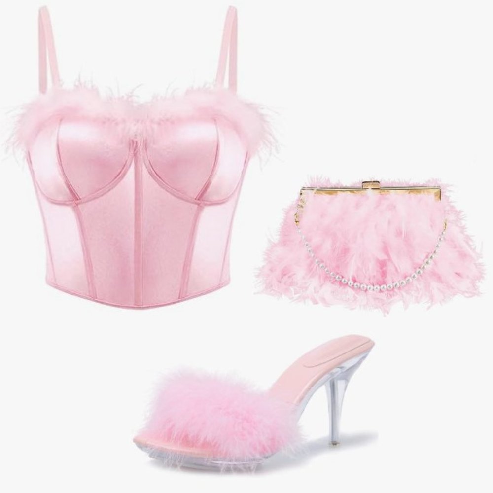 NWT Beautiful Matching Barbie Pink Feather Bustier Purse Shoes Sweater Set